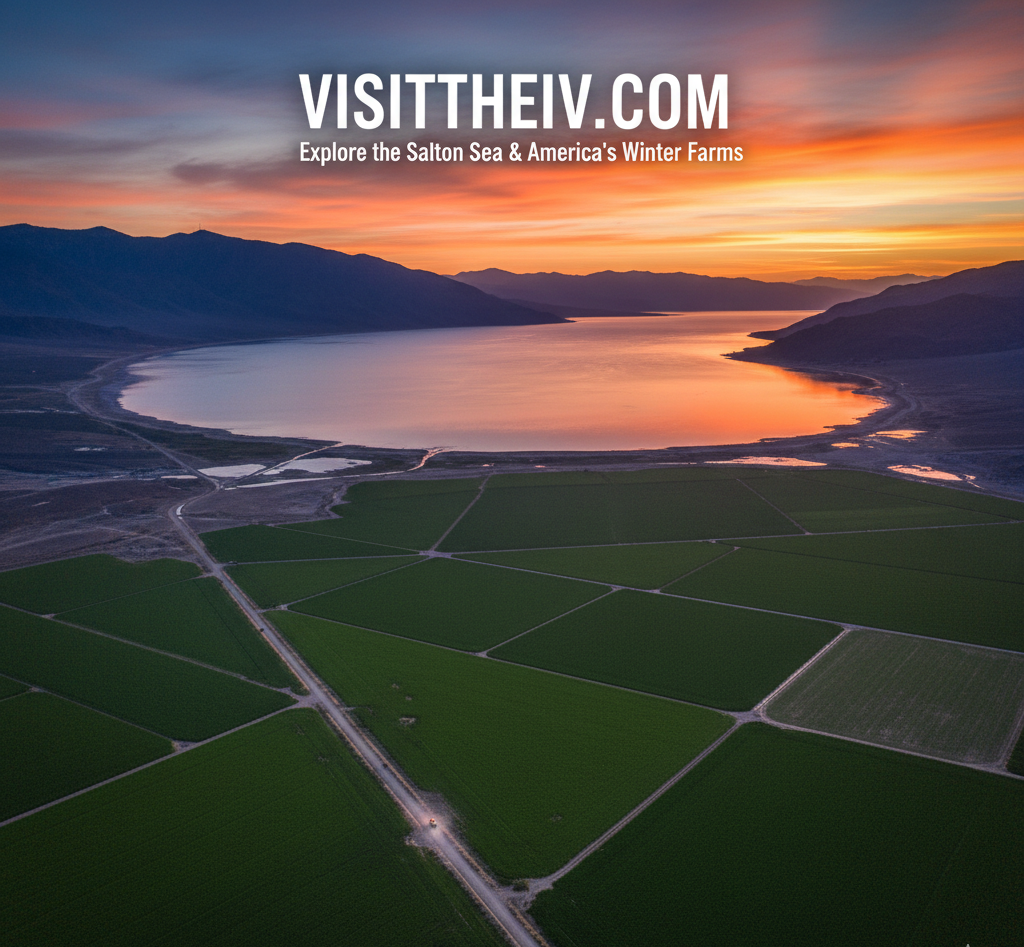 Imperial Valley aerial view of the Salton Sea and agricultural fields at sunset